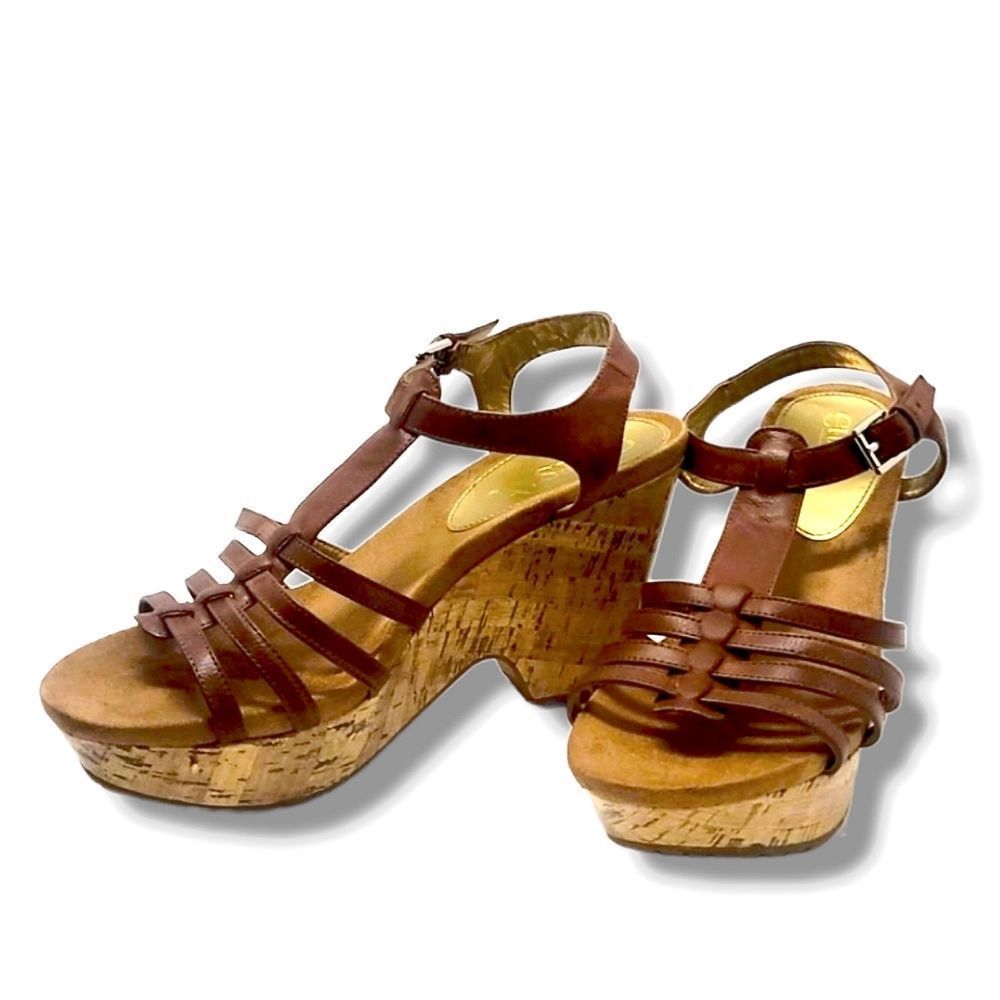 CHAPS JAYCIE Brown Faux Leather Wedge Sandal size 9.5